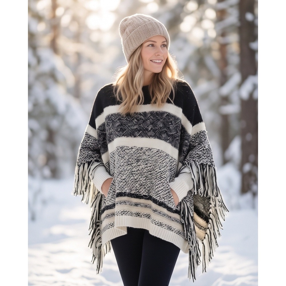Chico's 3 Striped Fringe Poncho Sweater Black Cream L/XL Southwestern Cozy
